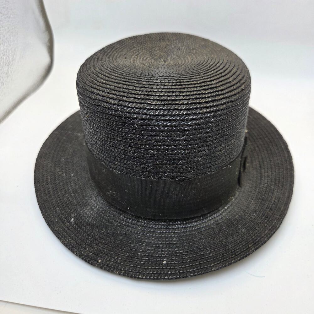 Vintage Straw Boater Hat Black Flat Top Size 6 3/8 Antique Ribbon Band